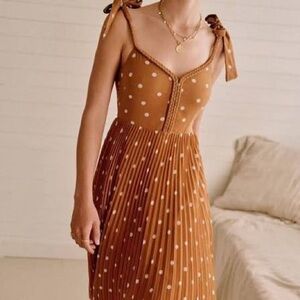 Sezane Nella Brown Polka Dot Tie-Shoulder Midi Dress
